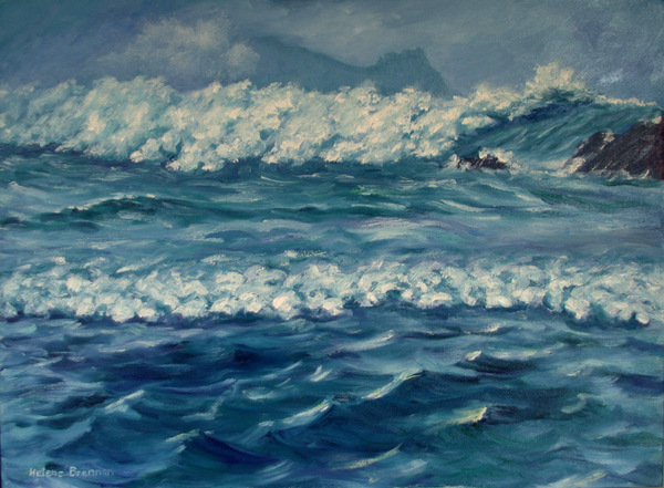Rough Sea on Clogher Beach with Sleeping Giant Oil on Canvas