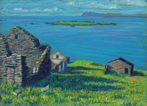 On Great Blasket Island Viewing Beginish Island and Mainland Painting:: Oil Pastel