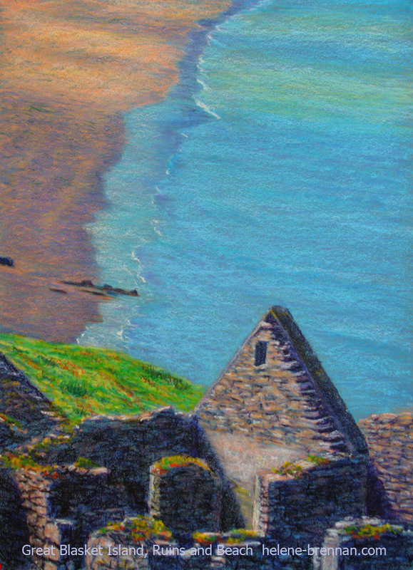 Great Blasket Island Ruins and Beach Painting: Oil pastel on paper