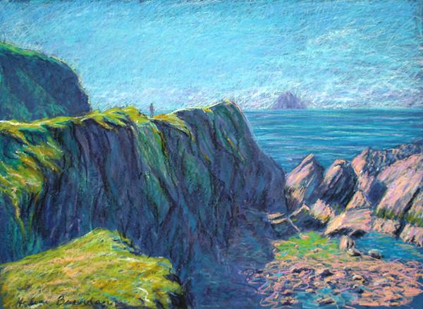 Man on Gt Blasket Viewing Tiarracht Painting:: Oil Pastel