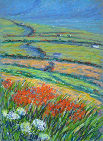 Dunquin Fields and Wildflowers Painting:: Oil Pastel