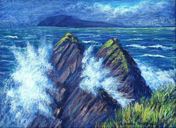 Great Blasket Island from Dunquin Pier with Storm Oil pastel
