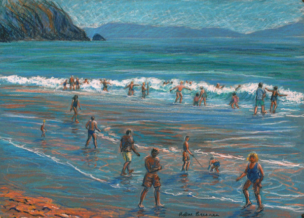 Couminole Beach Bathers 2 Painting:: Oil Pastel