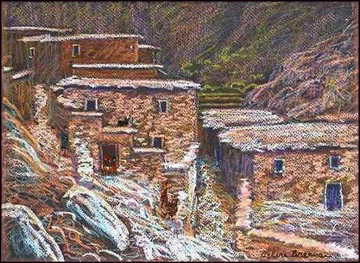 High Atlas Berber Village Painting:: Oil Pastel