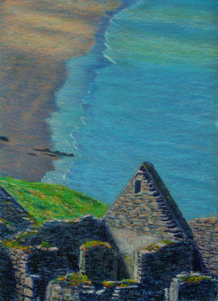 Great Blasket Island Ruins and Beach Painting: Oil pastel on paper