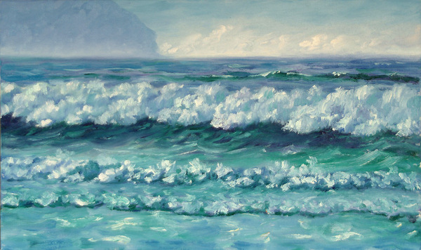 Oil Painting of sea waves on Kilcummin Beach, Castlegregory, with Brandon Point. Limited edition print