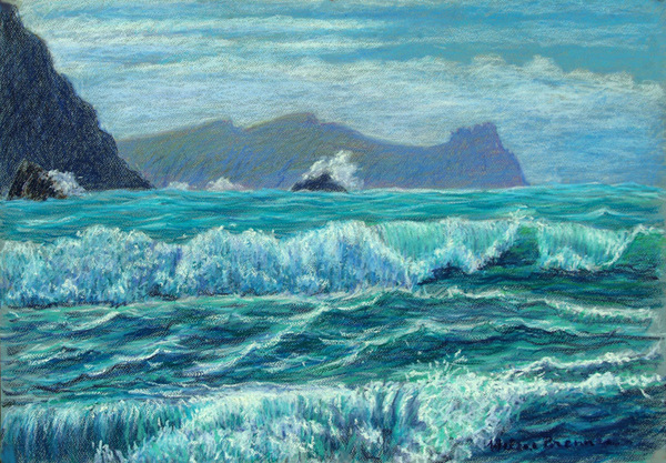 On Clogher Beach with View of  Sleeping Giant Painting:: Oil Pastel