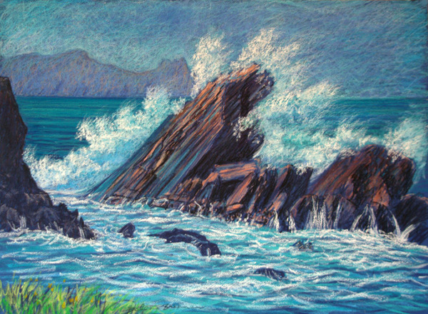 Rocks and Sea Painting:: Oil Pastel