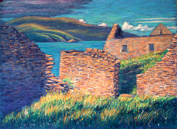 Ruins on Great Blasket Island Painting:: Oil Pastel
