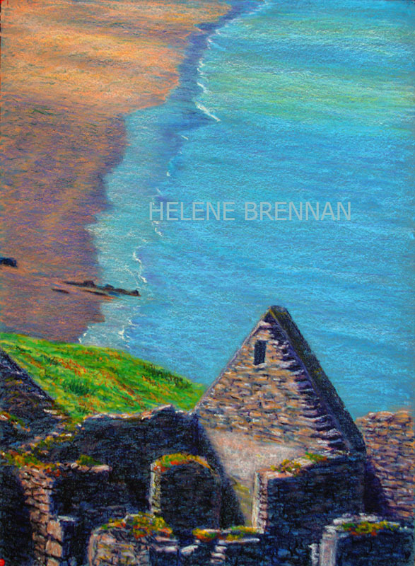 Great Blasket Island Ruins and Beach Painting:: Oil Pastel