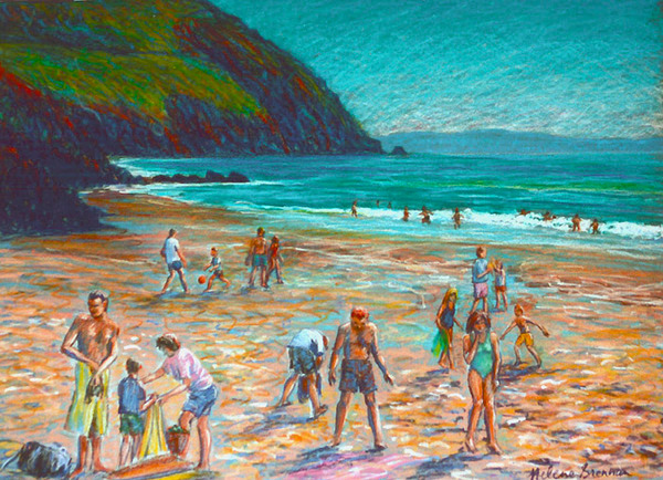 Painting of Bathers at Couminole Beach, Dingle Peninsula Painting:: Oil Pastel