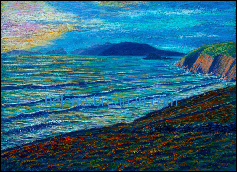 View from mainland at Dún Chaoin Painting:: Oil Pastel