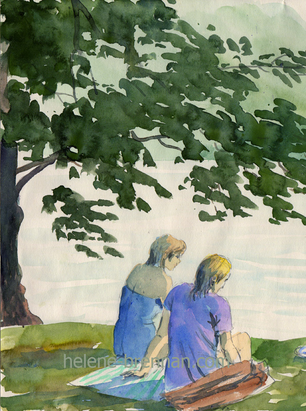 Two Young Women by Lake Ullswater Watercolour